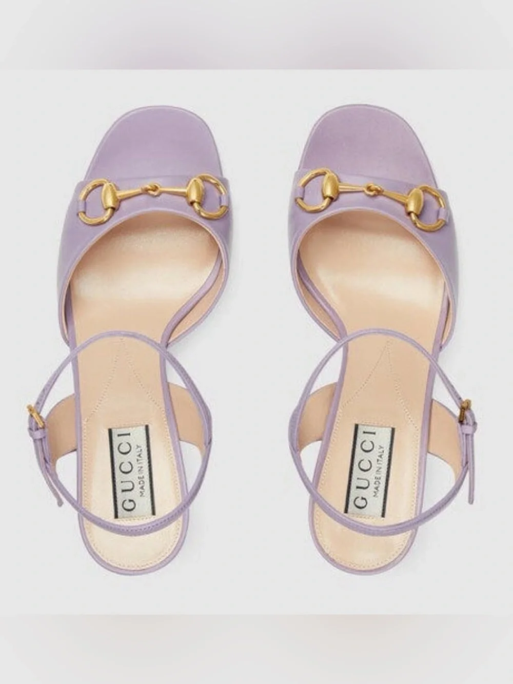 Gucci horsebit Lilac Leather Block Heel Sandals with Gold Hardware. Full inclus!
